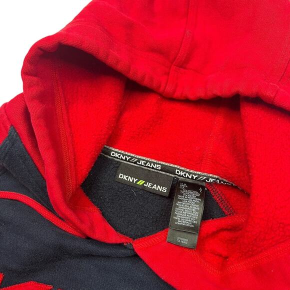 DKNY Jeans Logo Spellout Hoodie Sweatshirt Colorblock Navy Blue Red Large - Picture 4 of 5
